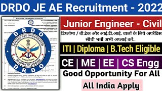 DRDO Recruitment 2022  Freshers Eligible  ITI  Diploma  Btech  DRDO Apprentice Vacancy 2022 [upl. by Sibie]