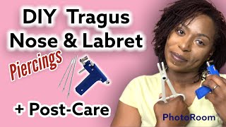 How to DIY TRAGUS LABRET amp NOSE using a needle and piercing gun  Post Care Routine [upl. by Hsot870]