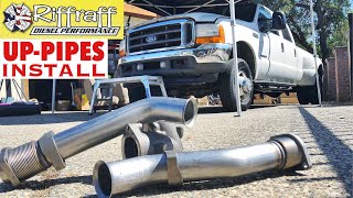 2001 F350 73  RiffRaff UpPipes Install  Stock up pipes leaking and falling apart JUNK SP [upl. by Clayton427]