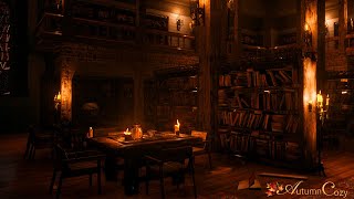 OLD LIBRARY AMBIENCE Rain Sounds Book Sounds Writing Sounds Candle Flame Crackle [upl. by Kerry]